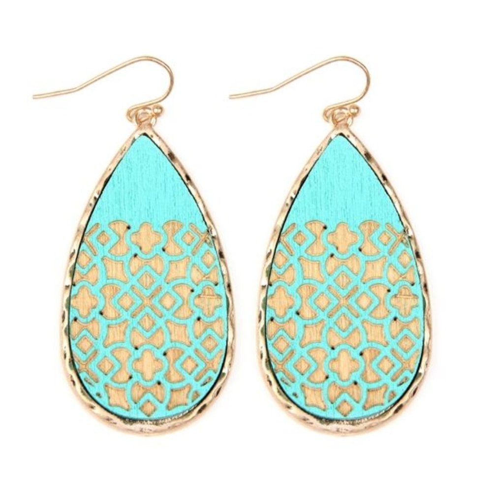 New! Turquoise Filigree Carved Wood Drop Earrings